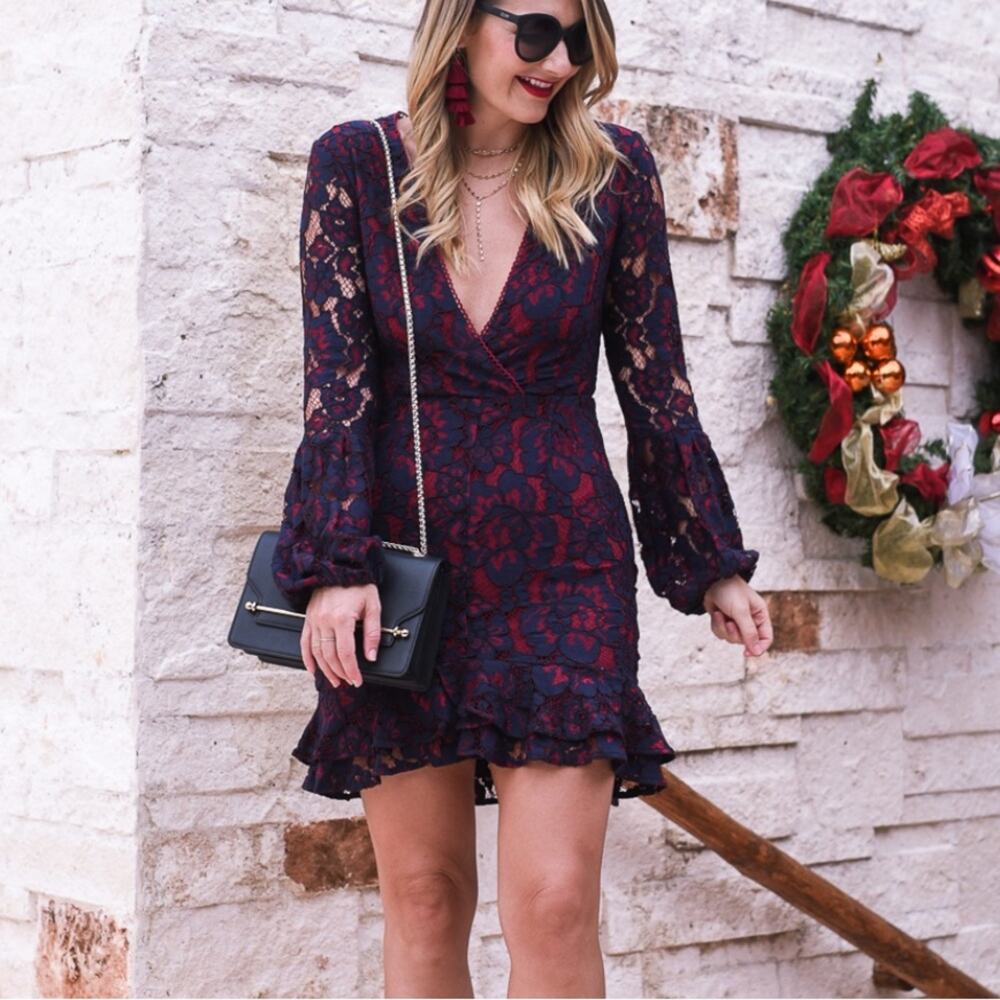 Wayf Maroon Navy Lace Floral Ruffle Dress FFS2